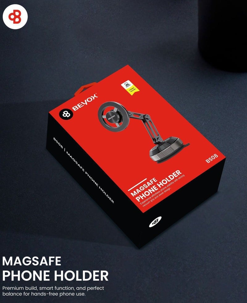 بيوكس حامل الهاتف BEYOX BS08 MagSafe للسيارة - حامل حلقي مغناطيسي بقاعدة شفط قوية، حامل جوال قابل للتعديل للوحة القيادة/الزجاج الأمامي لأجهزة iPhone المتوافقة مع MagSafe - Image 2